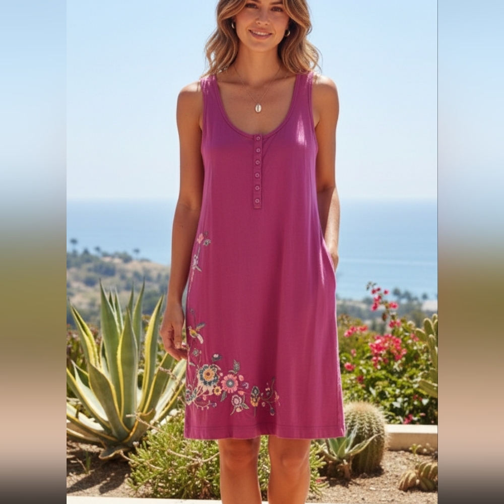Johnny Was Hot Pink‎ Floral Embroidered Tank Dress Small Cotton